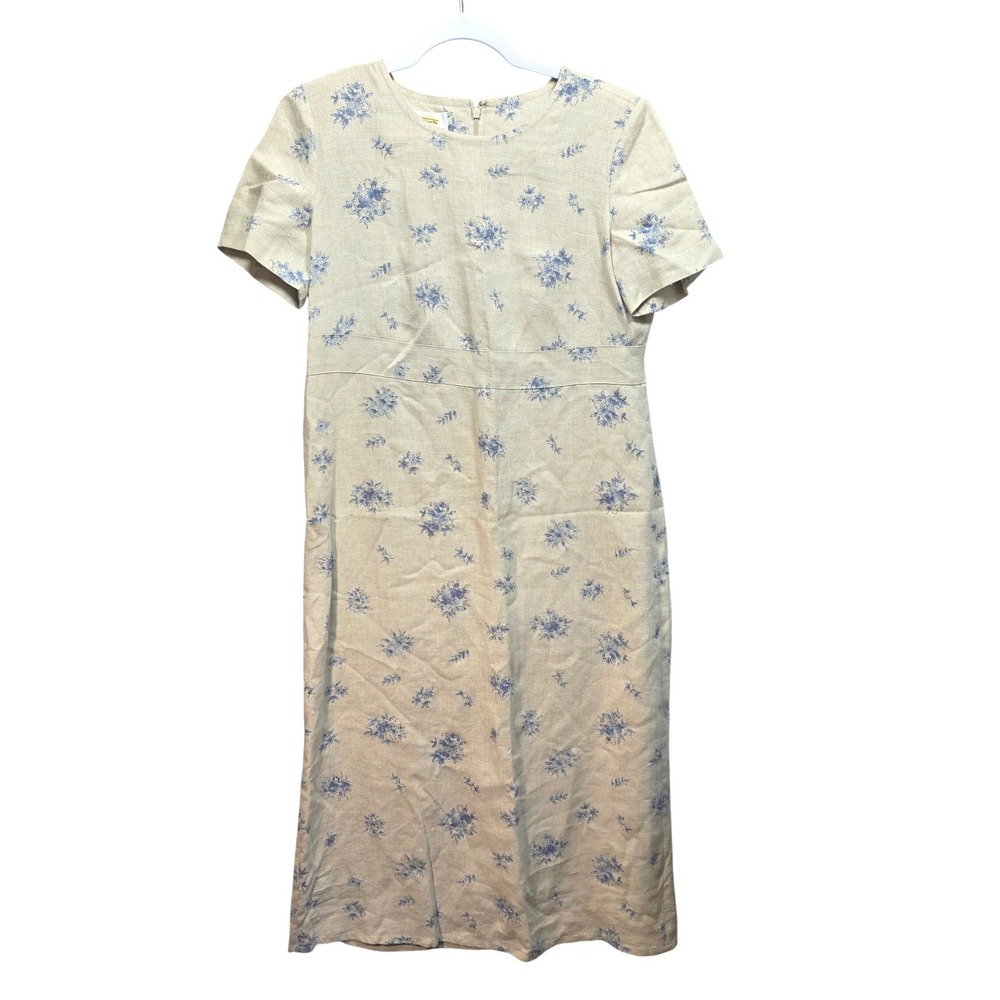 Talbots All Linen Midi Dress Womens 6P Floral Short Sleeve Sheath Beige Office